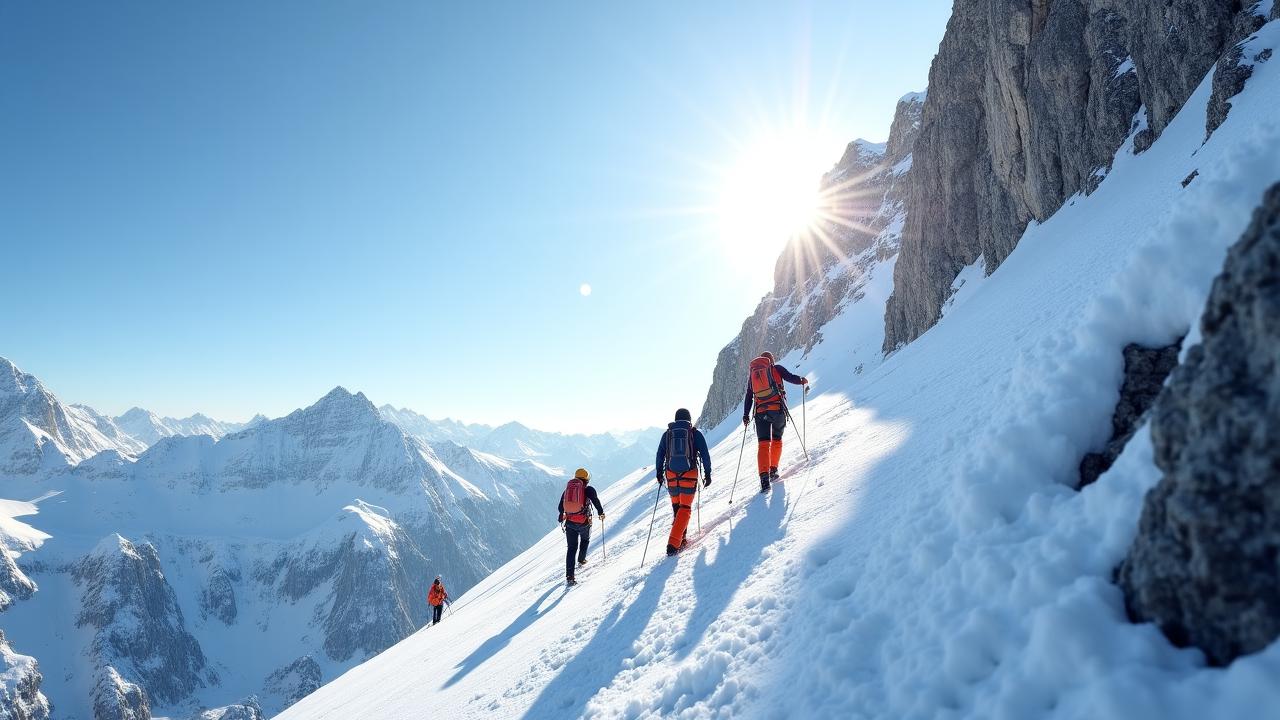 Een klimteam op een spectaculaire alpiene graat in de zon