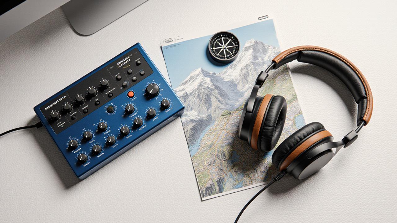 Professionele bureau-omgeving met audio-interface en expeditiekaarten