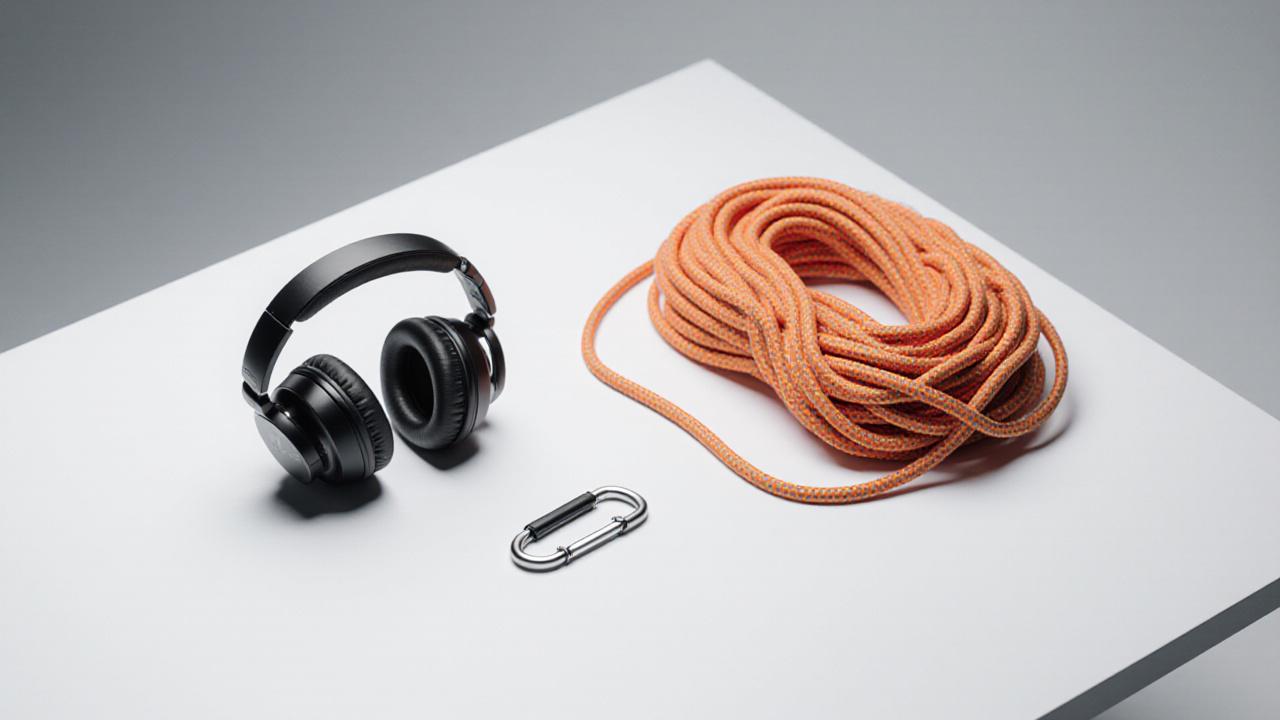 Een minimalistisch bureau met audio-apparatuur en een klimtouw, symbolisch voor precisie en voorbereiding